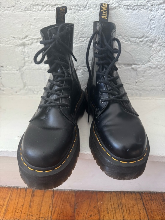Dr. Martens Shoes - Dr. Martens Black Leather Platform Combat Boots with Yellow Stitching